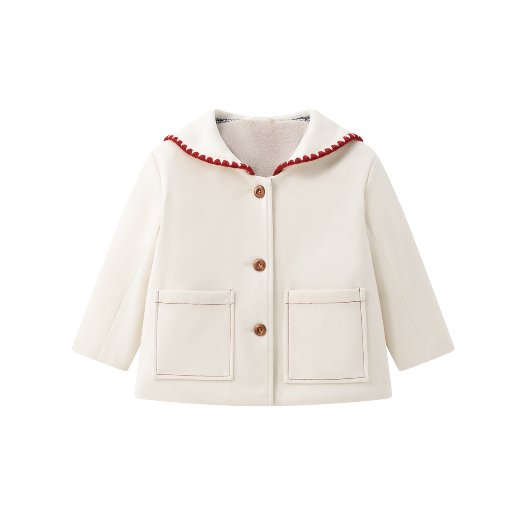 jacket wool fur lined with ric rac sailor collar  - cream/red