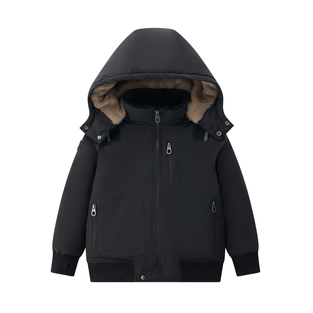 coat canvas bomber style with fur interior hood - black/blue stripe