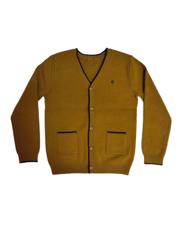 top l/s contrast trim v cardigan - mustard