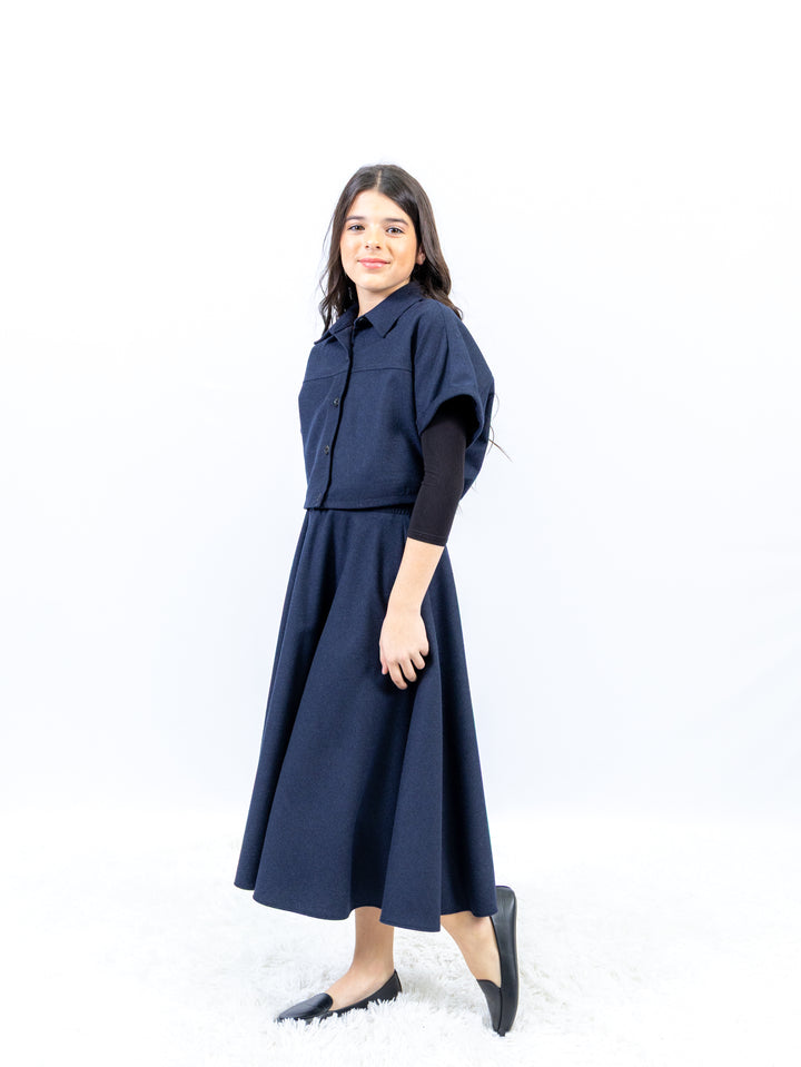 set outfit wool cropped shirt and flowy skirt - navy