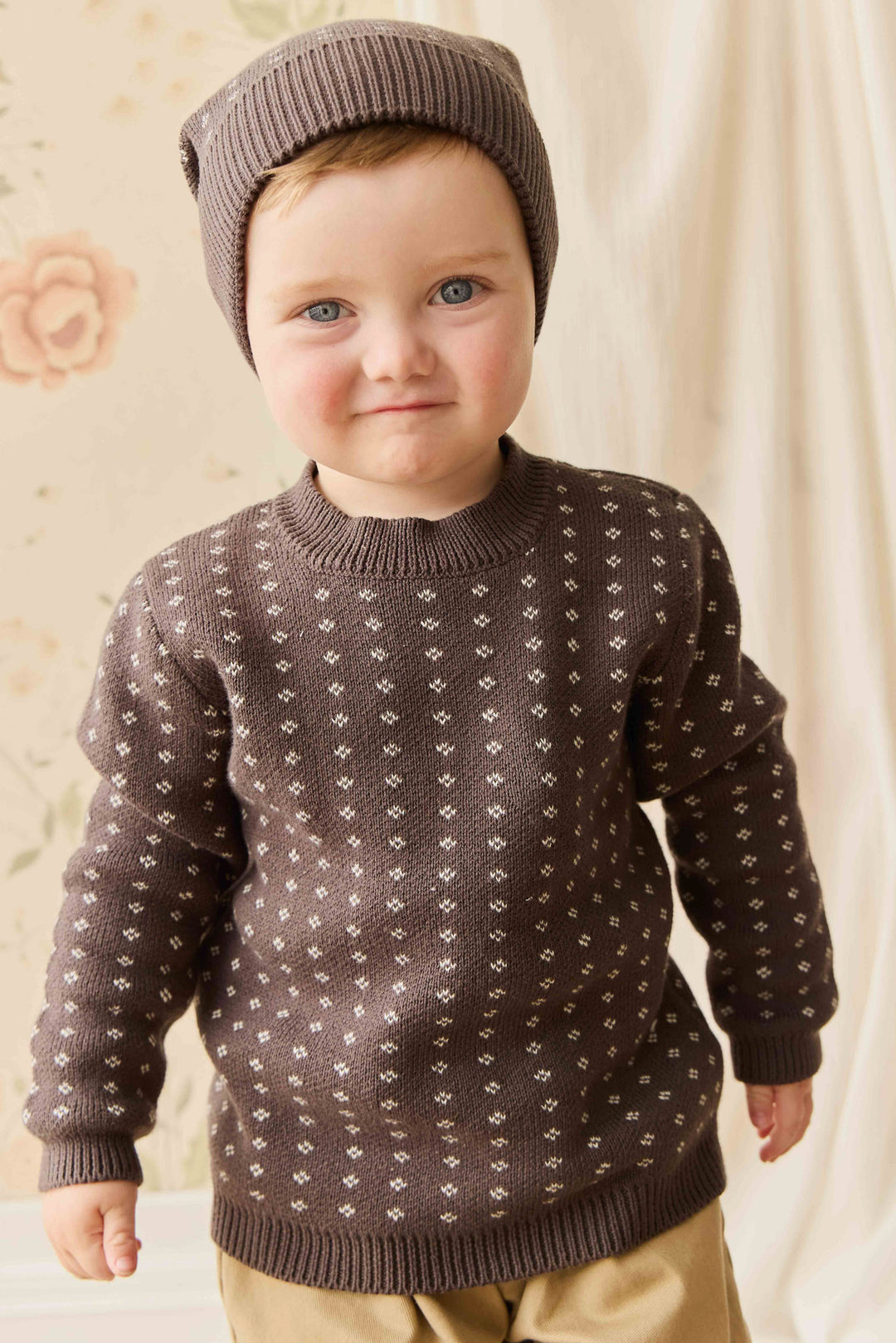 top l/s knitted diamond sweater - diamonds coffee