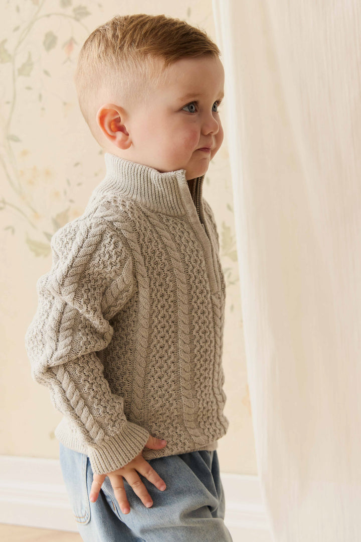 top l/s cable knit half zip sweater - light grey marle