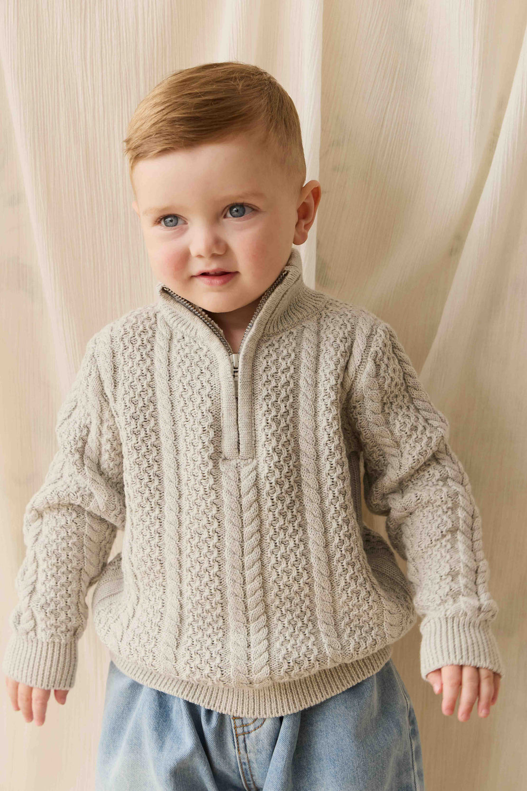 top l/s cable knit half zip sweater - light grey marle