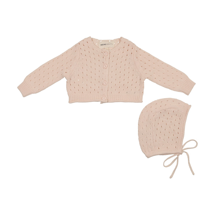 top l/s pointelle knit cardigan with bonnet - pale dogwood
