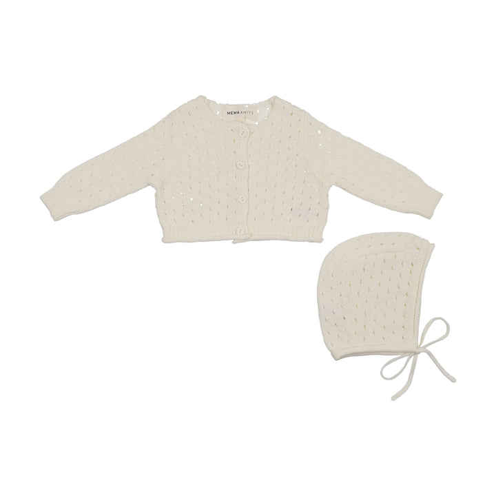 top l/s pointelle knit cardigan with bonnet - ivory