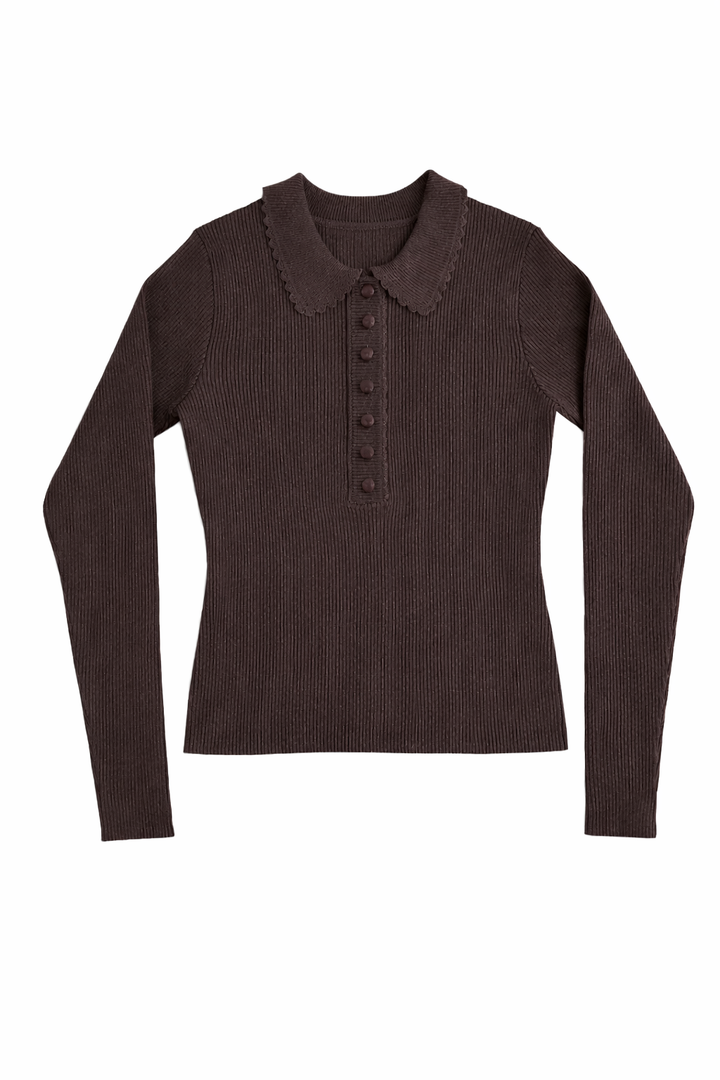 top l/s knit scalloped collar sweater - chocolate