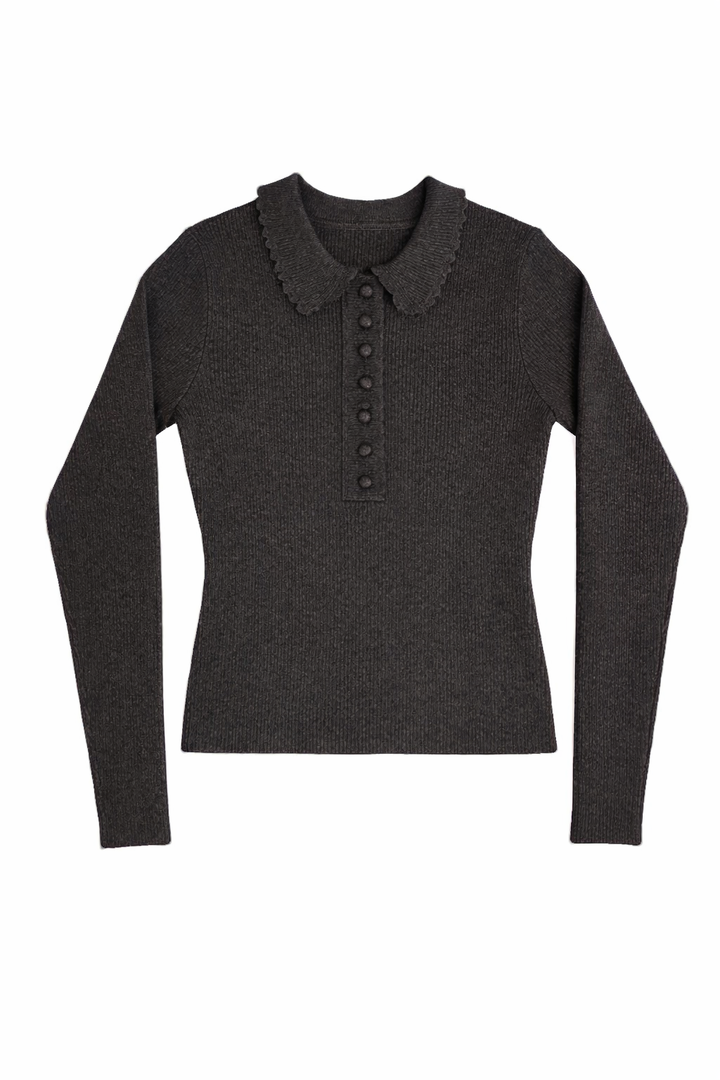 top l/s knit scalloped collar sweater - grey