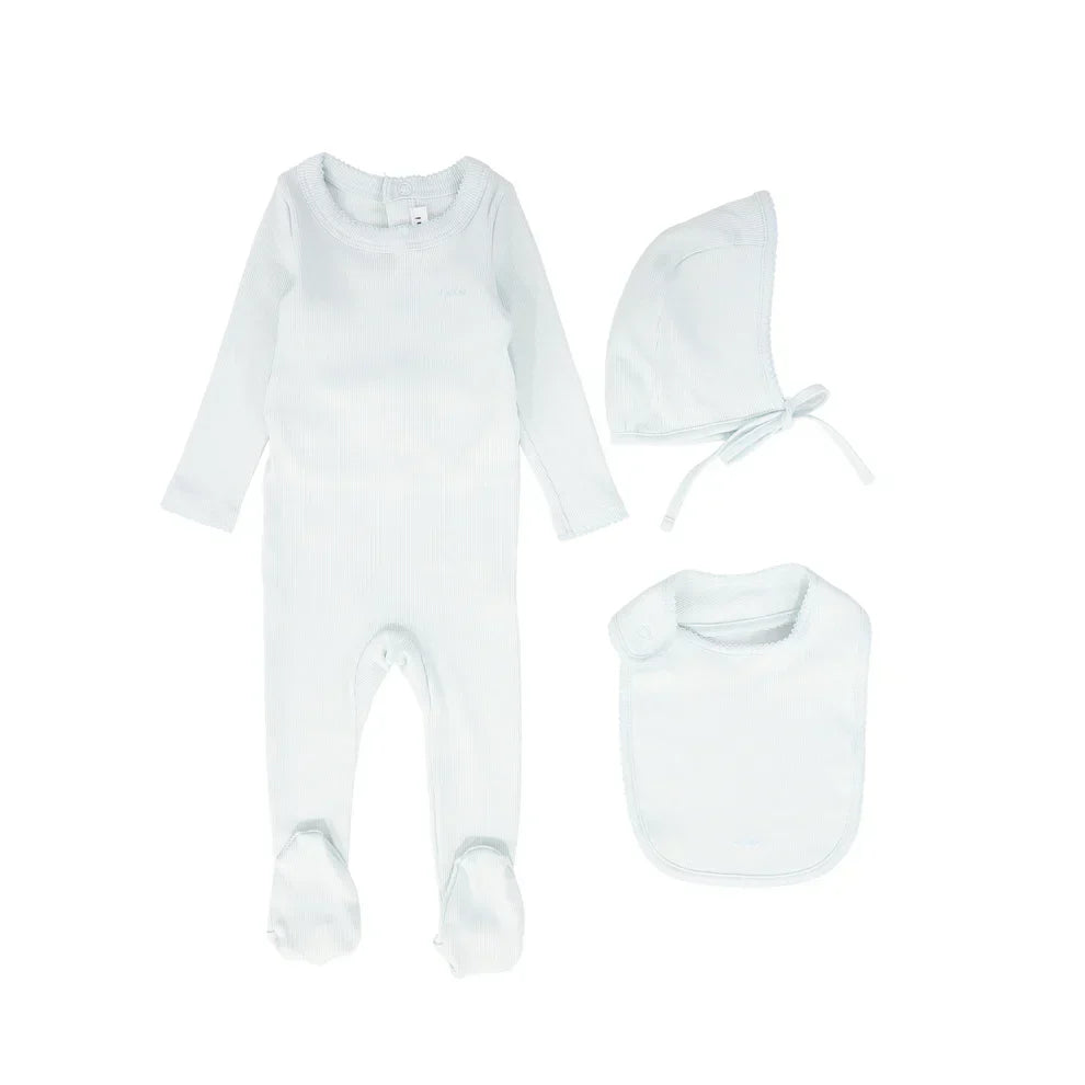 footie pico with bib and bonnet - light blue