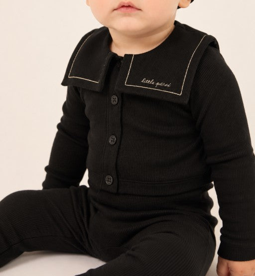 set outfit embroidered bib cardigan and overalls - black