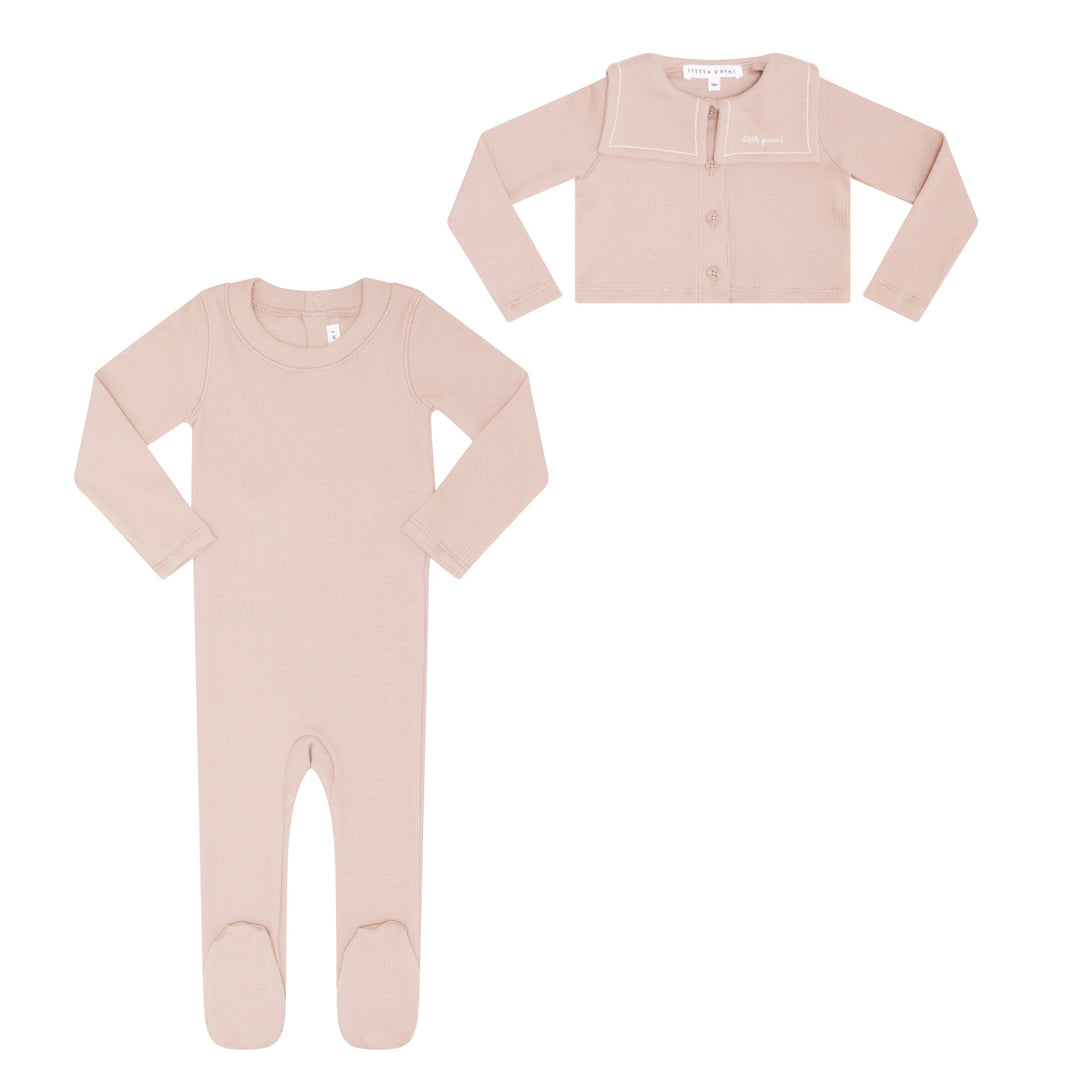 footie solid with embroidered bib cardigan - pink