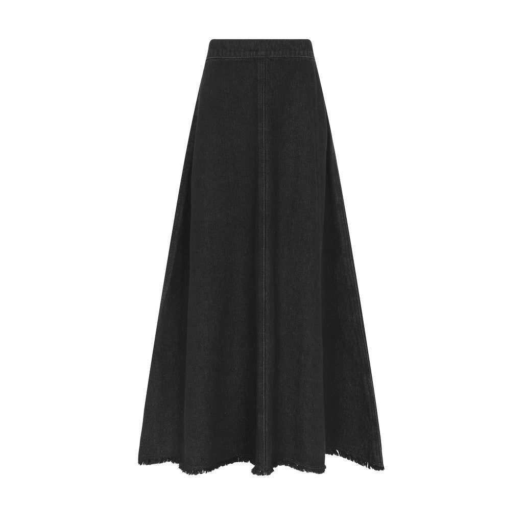 skirt midi denim fringe hem - black denim