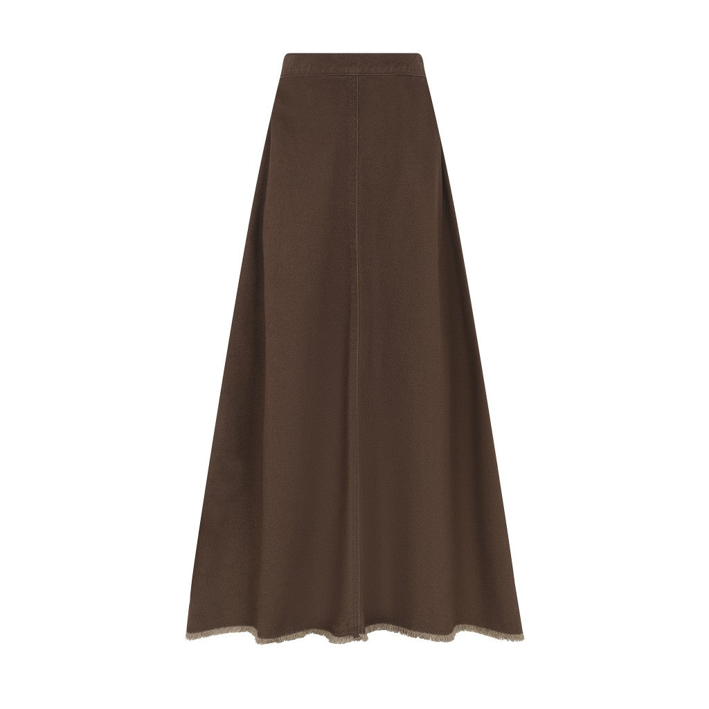 skirt midi denim fringe hem - brown denim