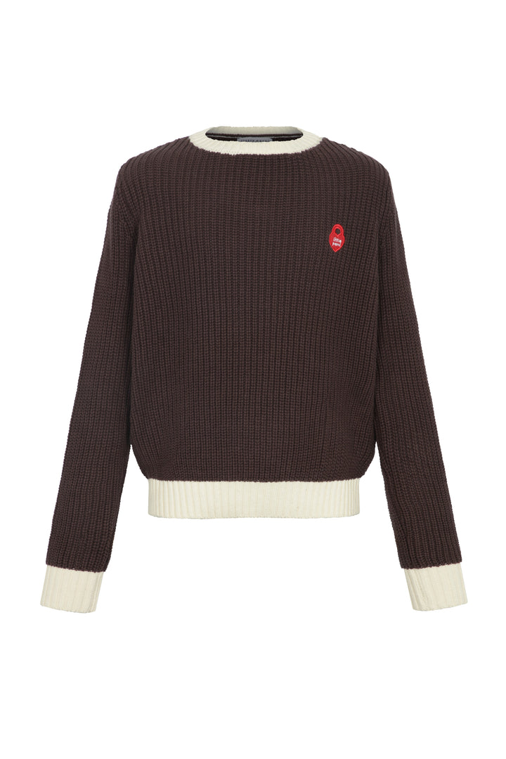 top l/s chunky knit heart patch sweater - brown