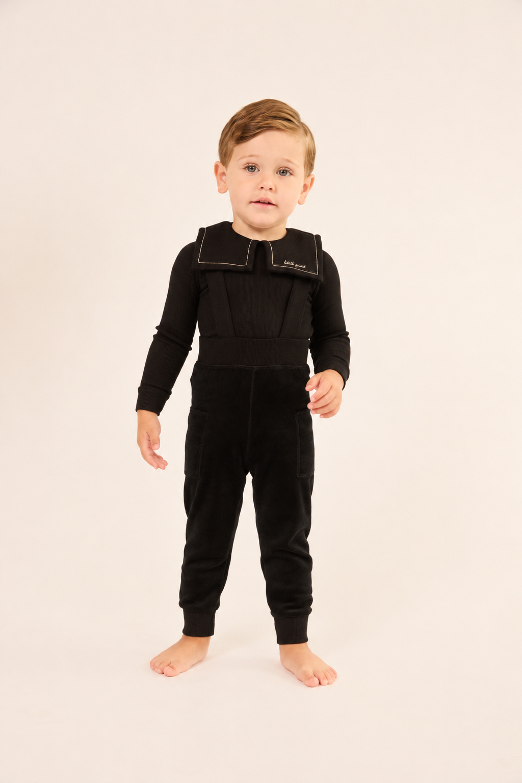 set outfit velour sailor collar onesie and overalls - black