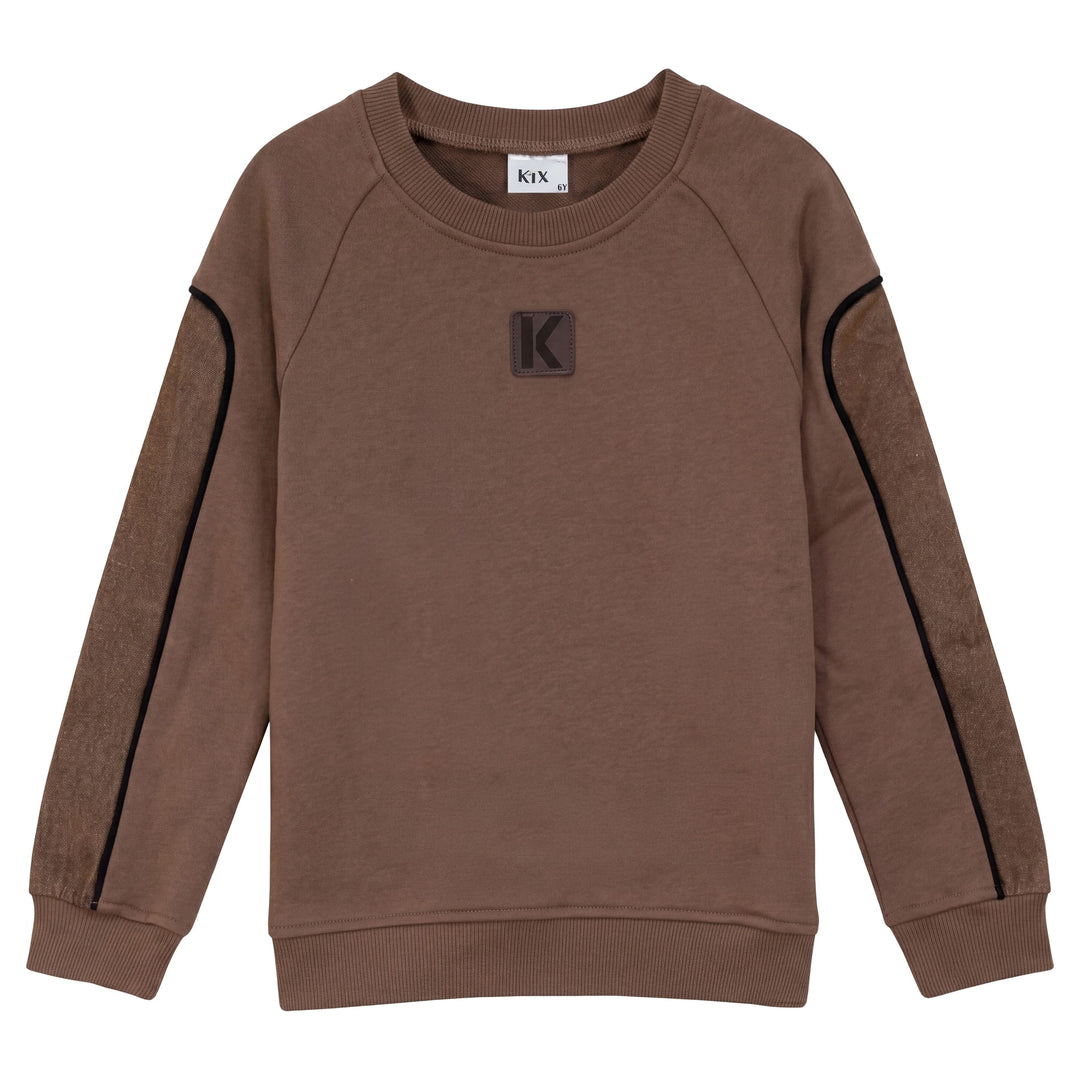 top l/s denim detail sweatshirt - brown