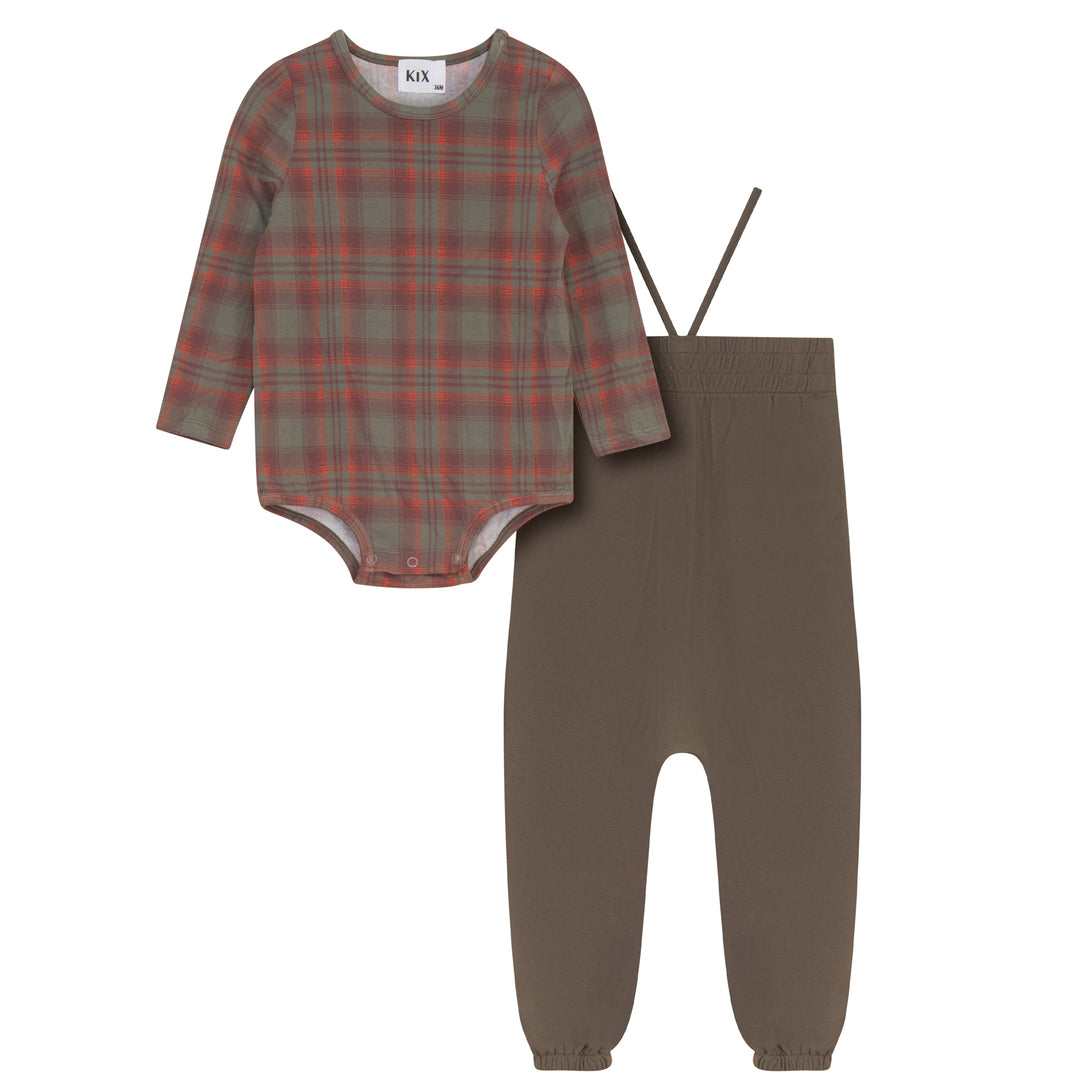set outfit plaid onesie and rouched romper - olive