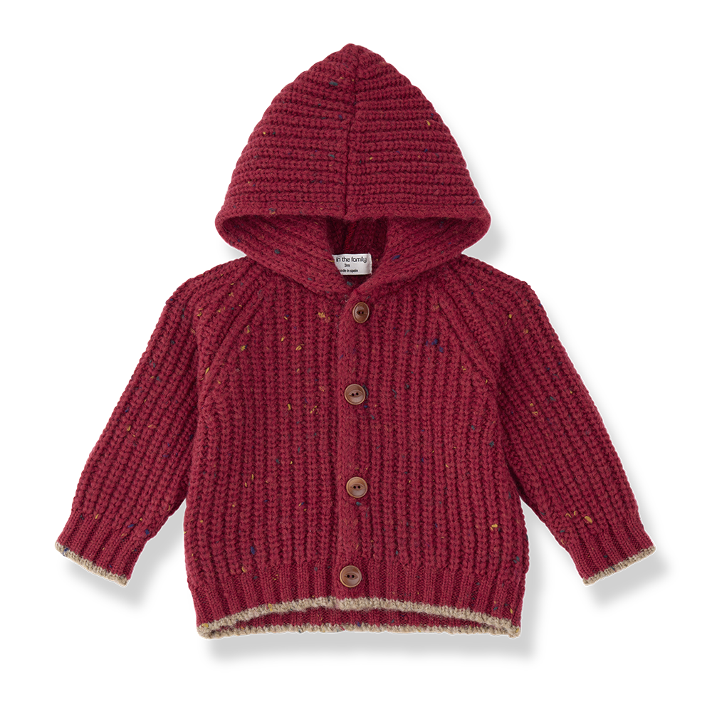 jacket chunky knit speckled button up with hood - fiamma red