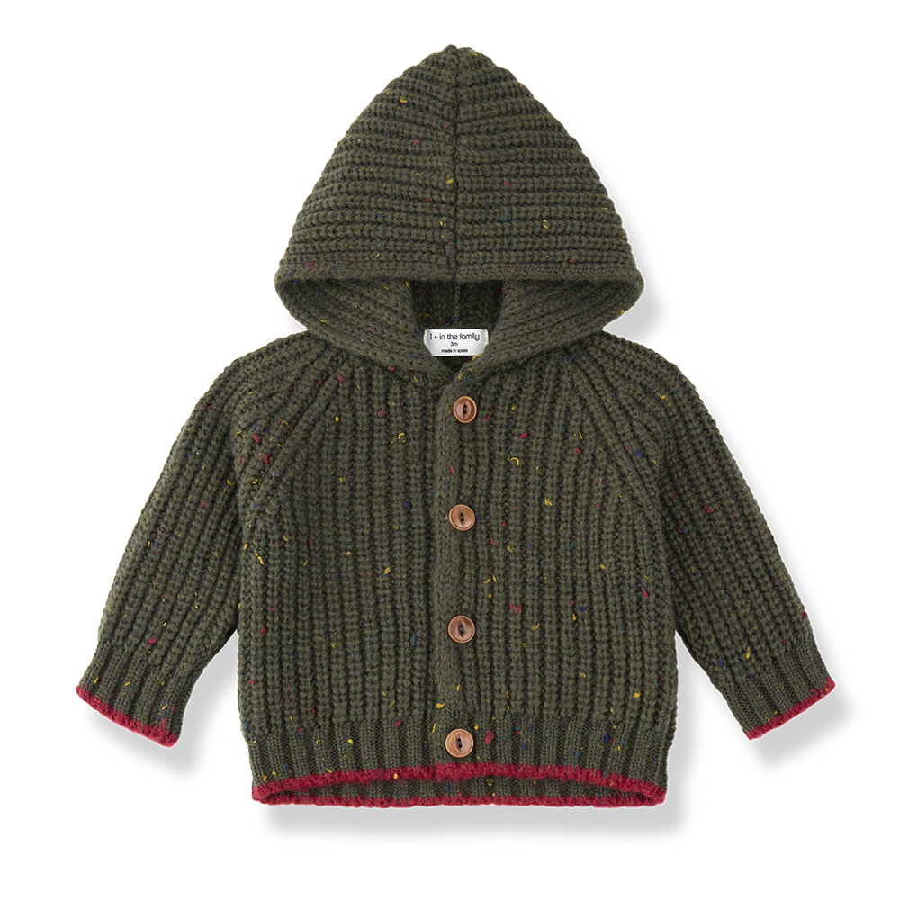jacket chunky knit speckled button up with hood - khaki