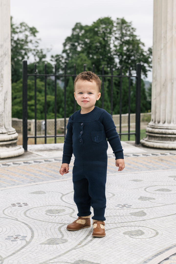 one piece long knit overalls with emblem pocket - navy blue