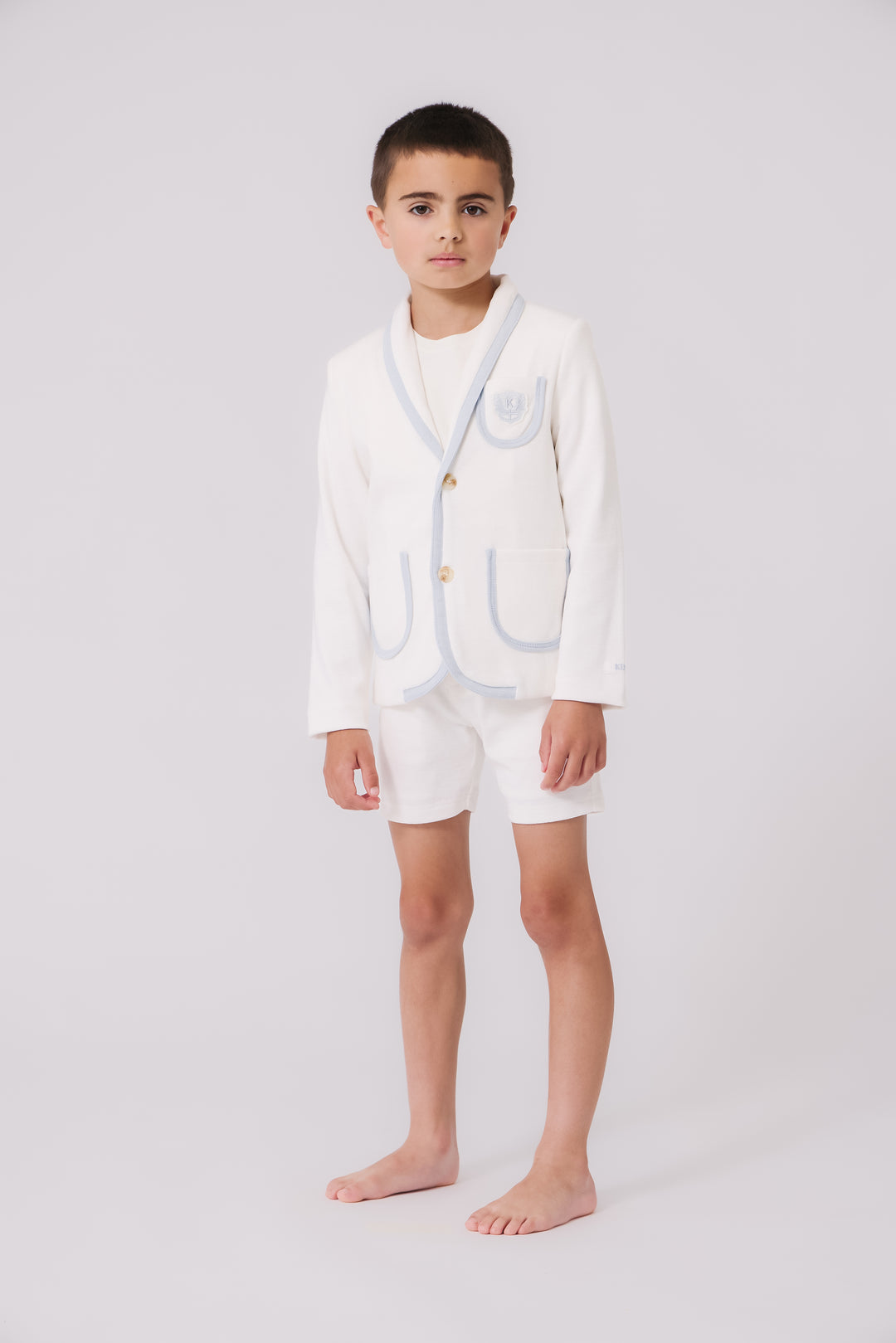 suit ribbed color trim emblem blazer and shorts - blue