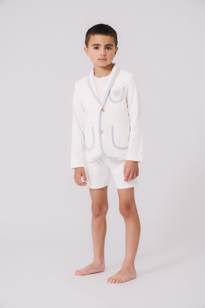 suit ribbed color trim emblem blazer and shorts - blue