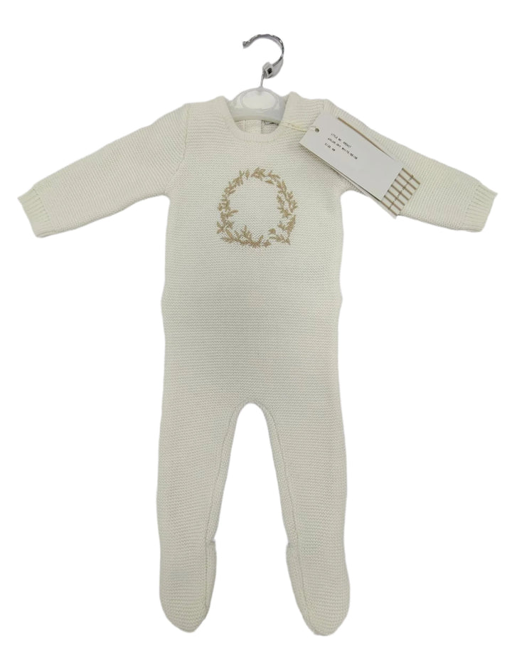 set knit footie embroidery with bonnet and blanket - ivory/taupe