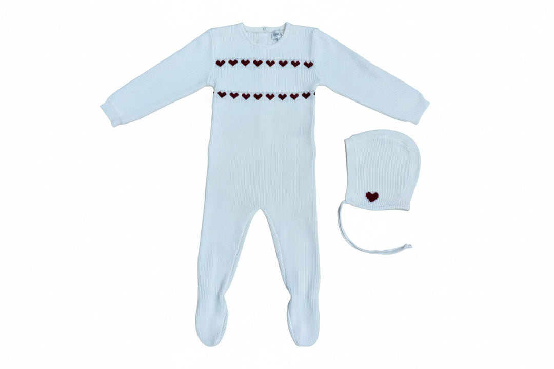 set knit chunky heart footie and bonnet - white/red