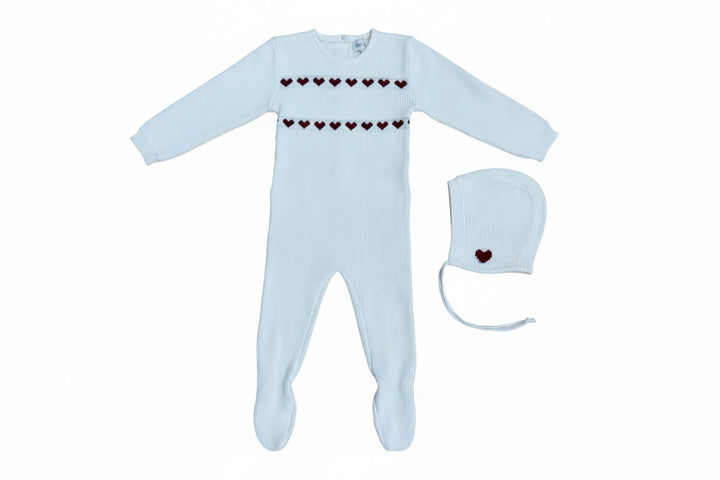 set knit chunky heart footie and bonnet - white/red