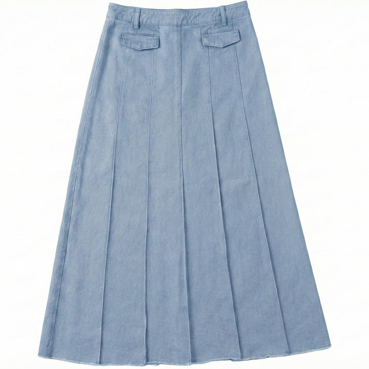 skirt denim pleated with fringed hem - light blue