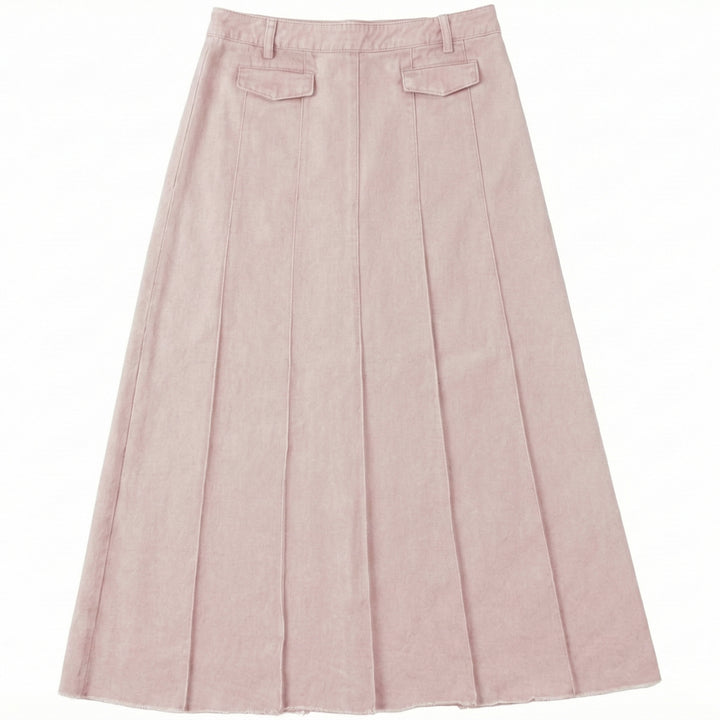 skirt denim pleated with fringed hem - pink