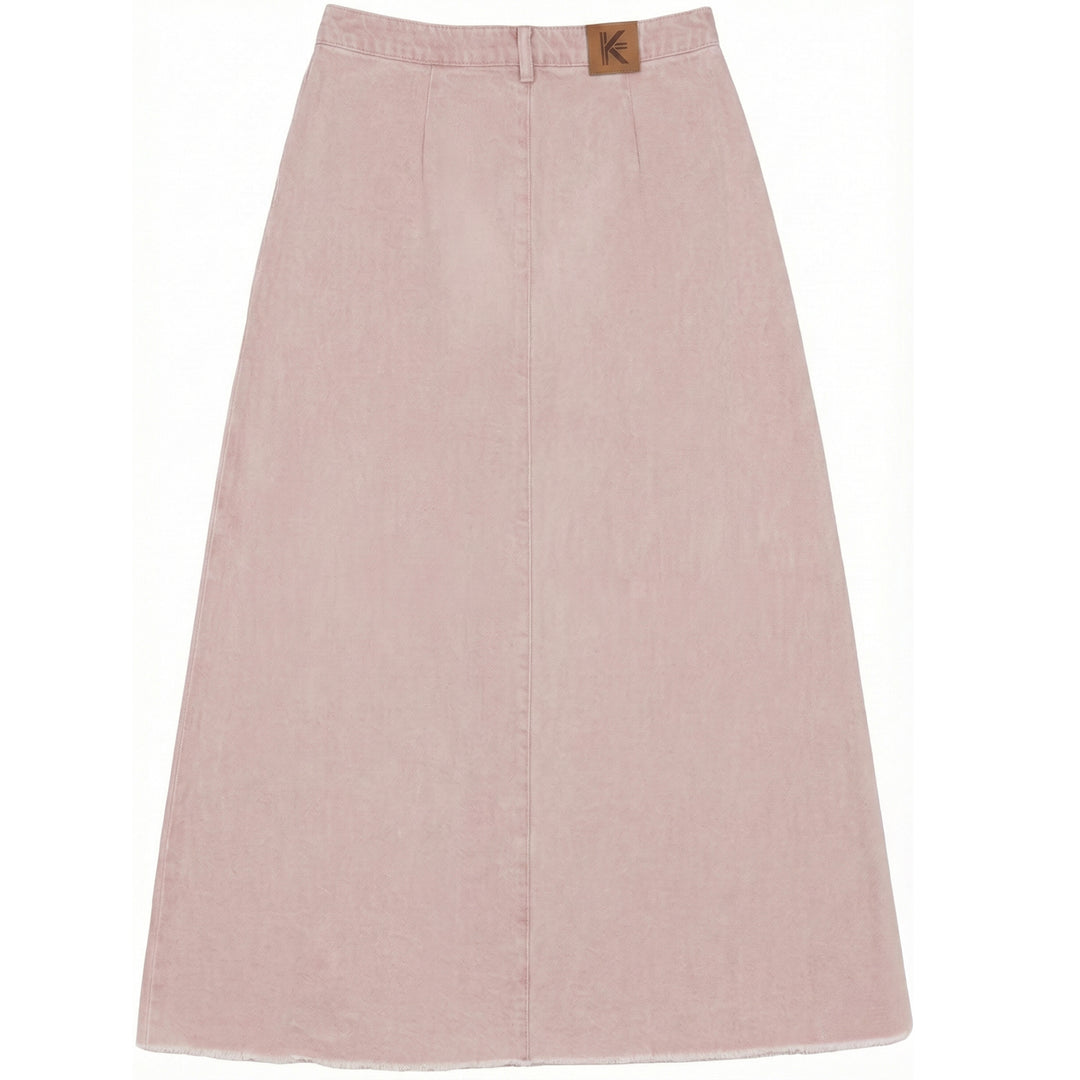 skirt denim pleated with fringed hem - pink