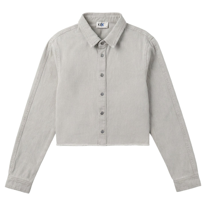 shirt l/s denim cropped with fringed hem - grey