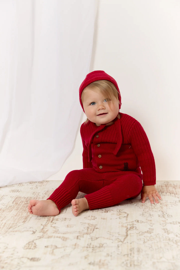 set outfit knit bunny cardigan and leggings with bonnet - red