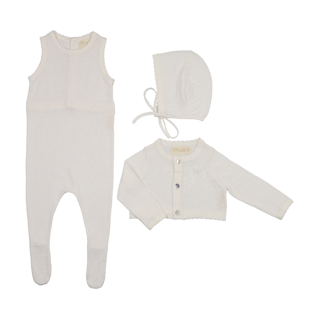 set knit jumpsuit with cropped cardigan and bonnet - cream