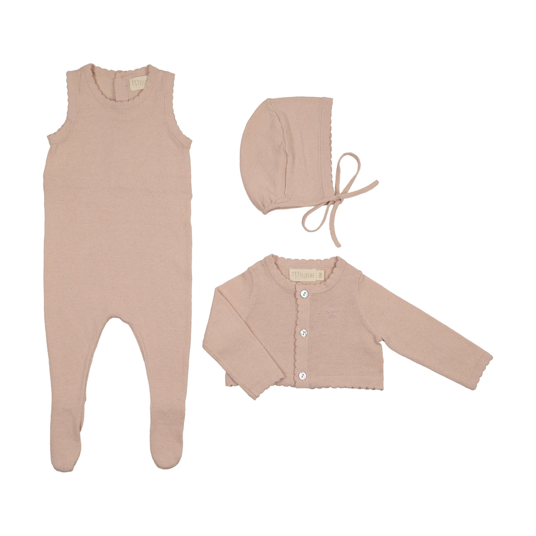 set knit jumpsuit with cropped cardigan and bonnet - rose