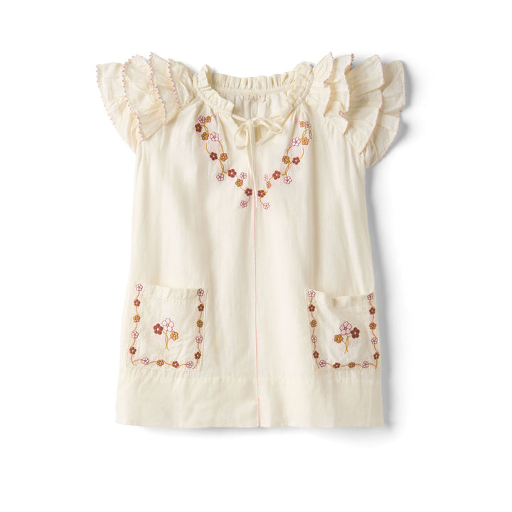 dress linen floral embroidered with ruffle detail - antique white