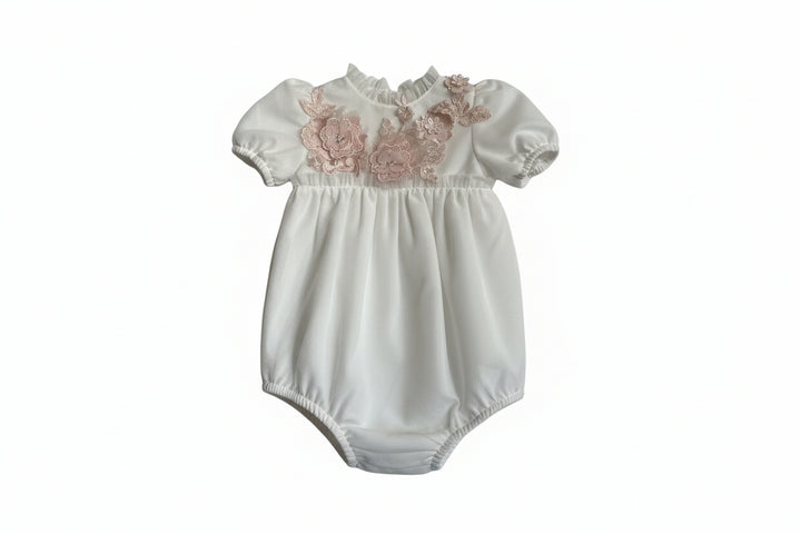 one piece tulle romper with pink embellishments - white