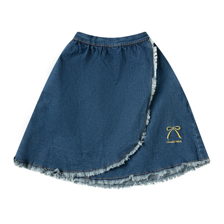 skirt bow embroidered wrap - denim-80