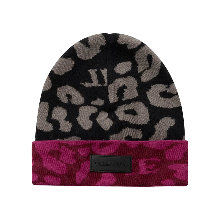 hat leopard knit cuffed beanie - raspberry-41