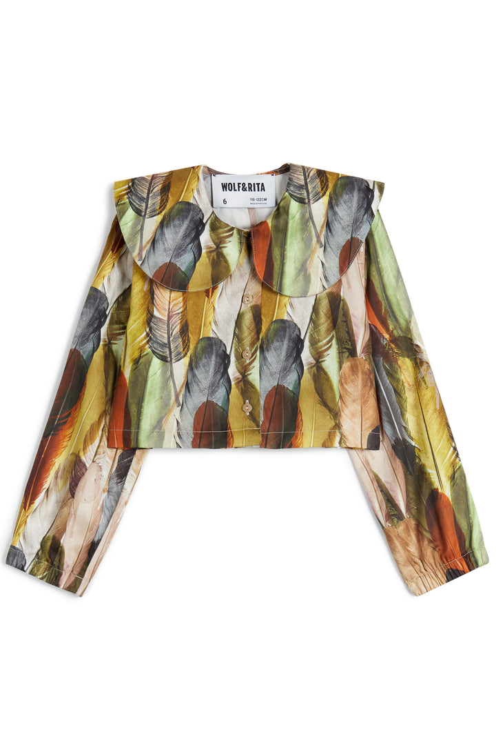 shirt l/s feather print crop with collar - leonilde indios