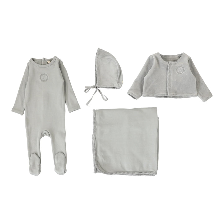 set footie velour cardi with bonnet and blanket - dusty blue