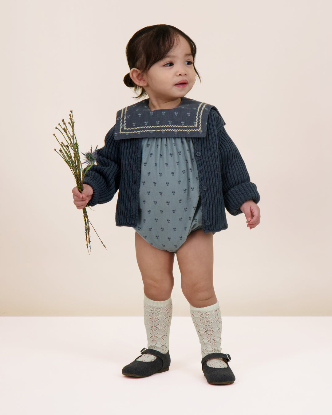 one piece primrose romper with bib - dusty blue