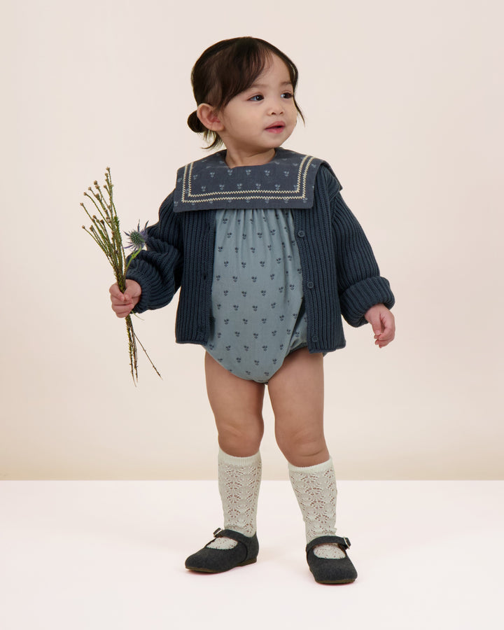 one piece primrose romper with bib - dusty blue