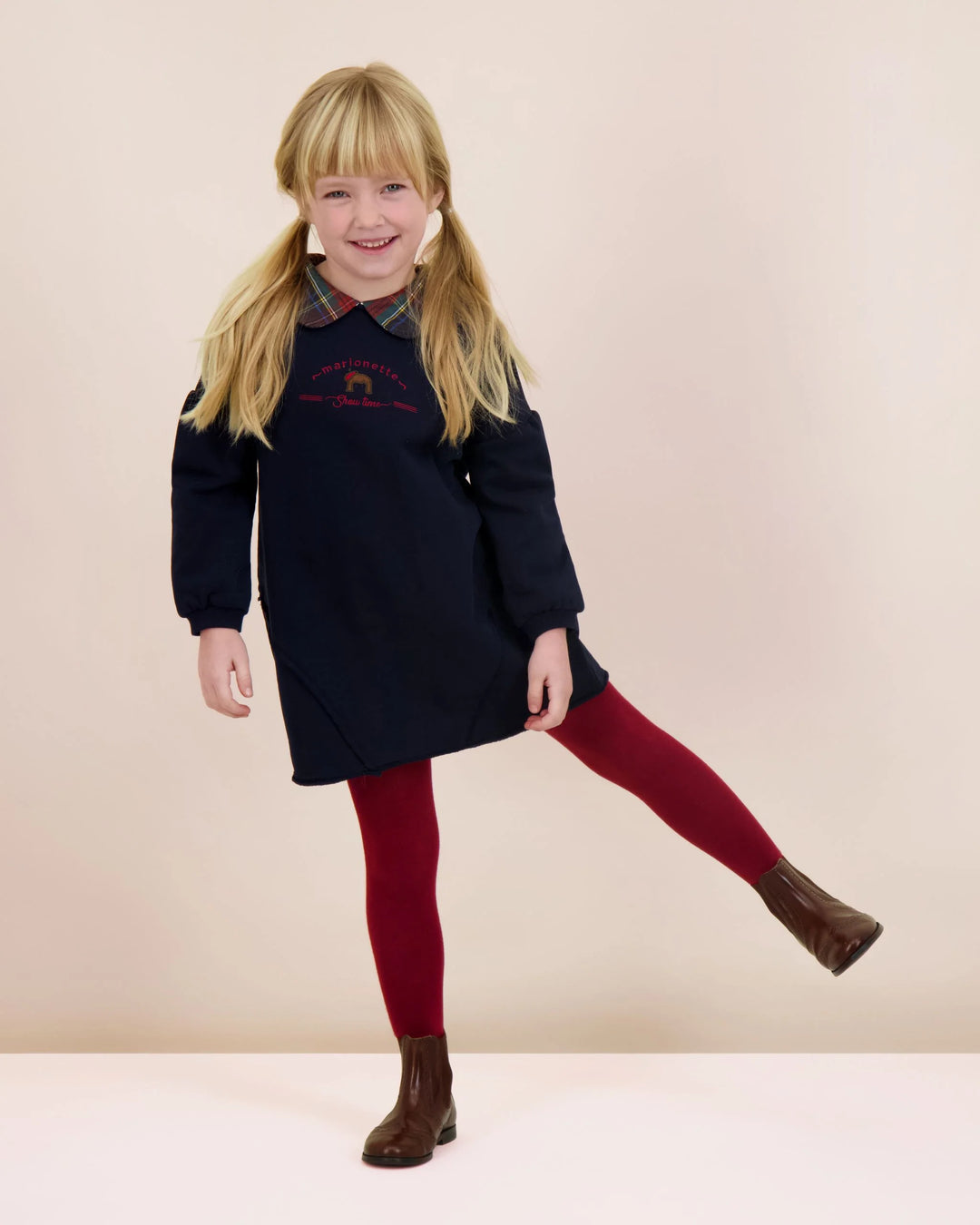 dress embroidered plaid scalloped collar - navy