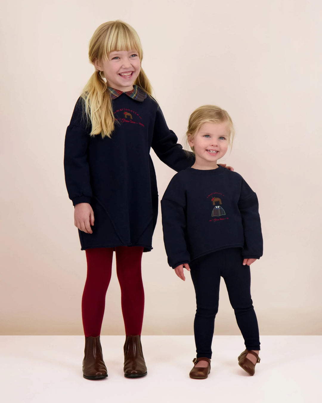 dress embroidered plaid scalloped collar - navy