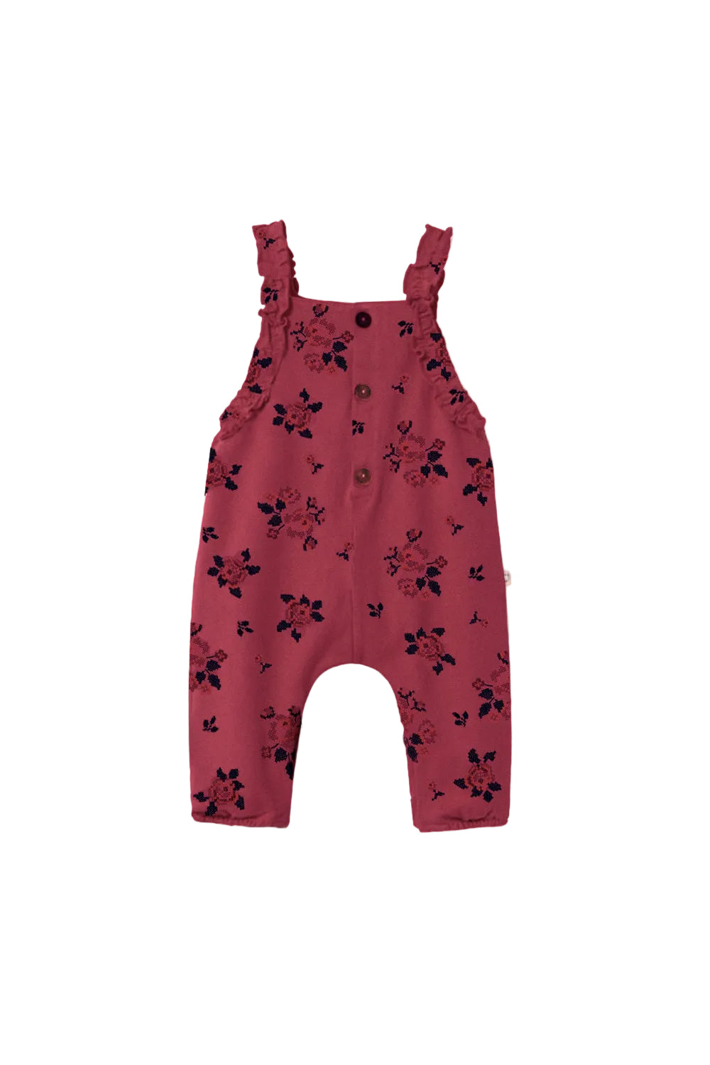 one piece cross stitch flower ruffle trim romper - prune