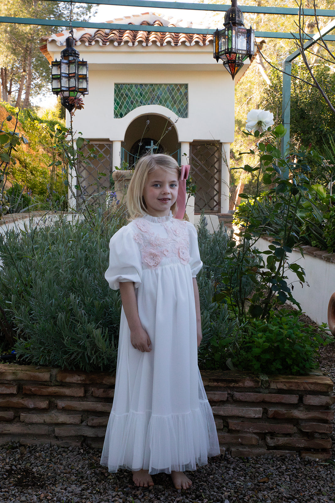 gown high waisted tulle with pink embellishments - white