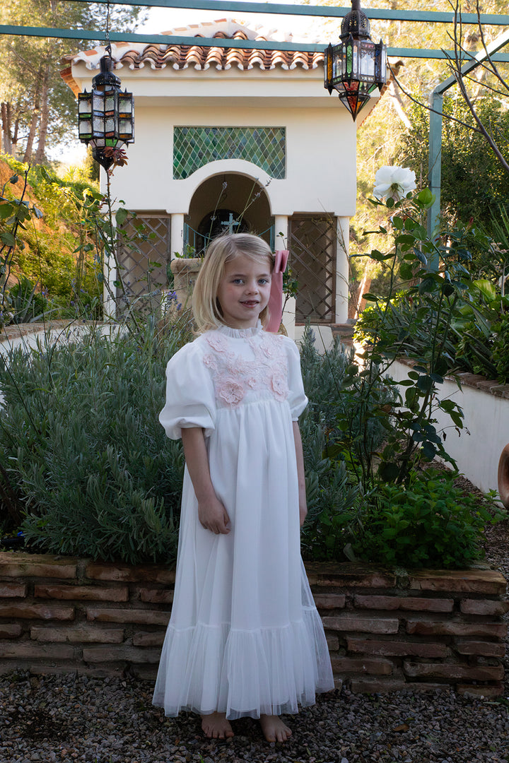 gown high waisted tulle with pink embellishments - white