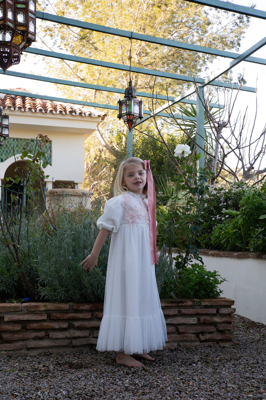 gown high waisted tulle with pink embellishments - white