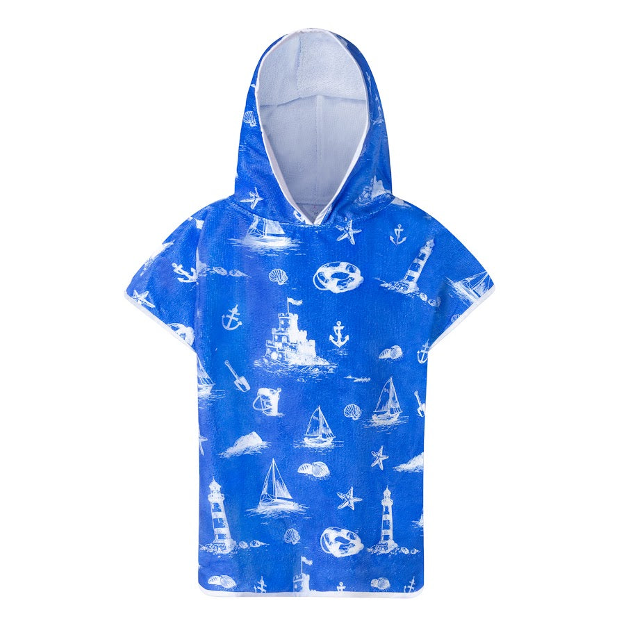 bathrobe poncho toile print - blue